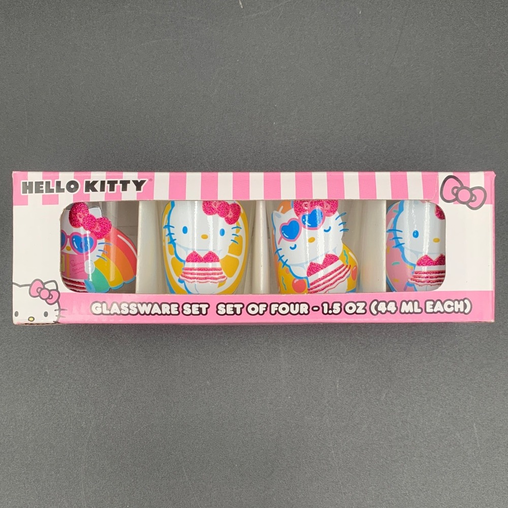 Hello Kitty Sanrio Shot Glasses Summer Pool Float Glitter Set 4 Pack 1.5 oz